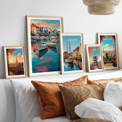 Estepona Boats Harbour Reflection Print | Mediterranean Wall Decor displayed in a stylish living room setting.