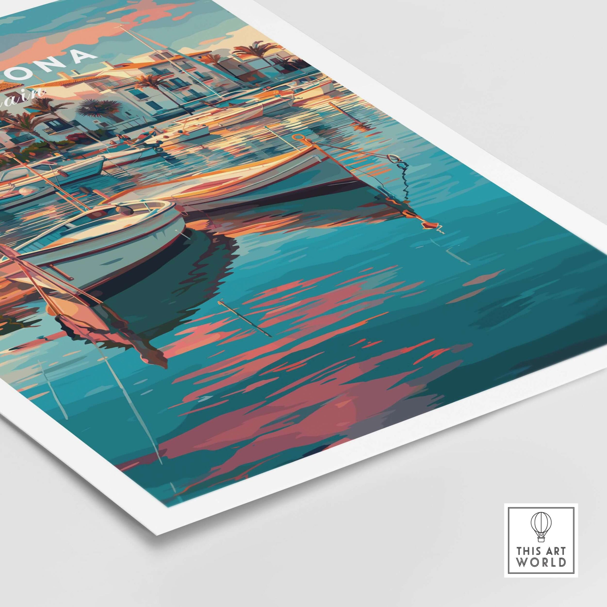 Estepona Boats Harbour Reflection Print | Mediterranean Wall Decor featuring colorful boats and serene water reflections.
