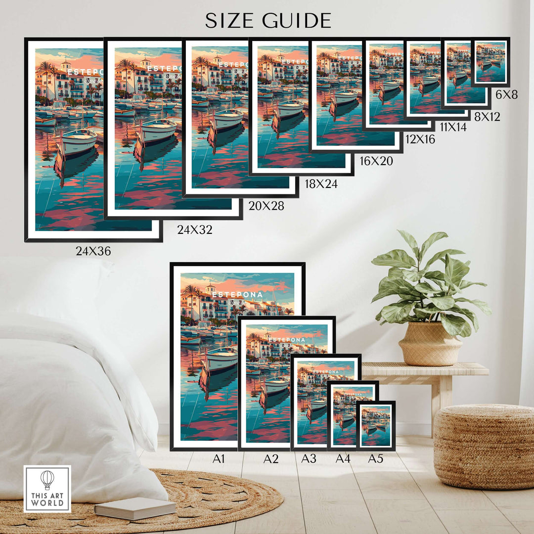 Estepona Boats Harbour Reflection Print | Mediterranean Wall Decor size guide showing various frame dimensions.