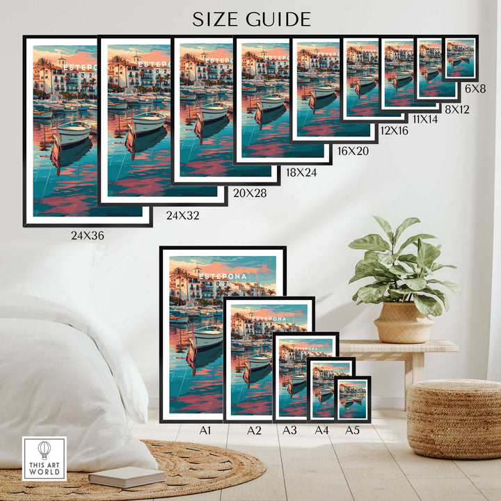 Estepona Boats Harbour Reflection Print | Mediterranean Wall Decor size guide showing various frame dimensions.
