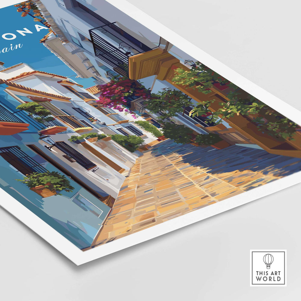 Estepona Flower Alley Print | Mediterranean Travel Wall Art featuring a vibrant blooming street design.