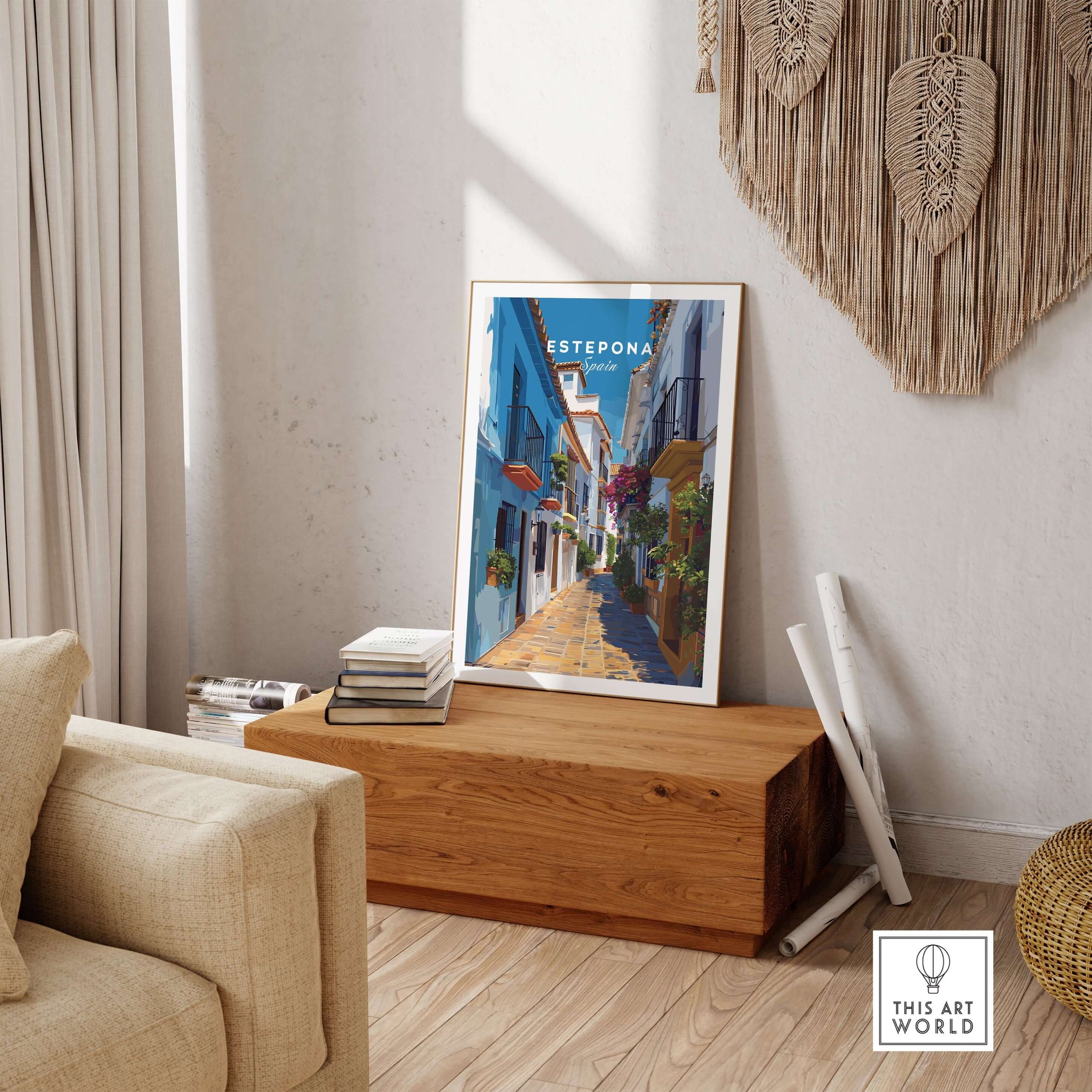 Estepona Flower Alley Print | Mediterranean Travel Wall Art displayed in a stylish living room setting.
