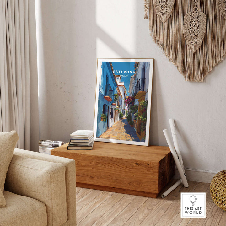 Estepona Flower Alley Print | Mediterranean Travel Wall Art displayed in a cozy living room setting with wooden decor.