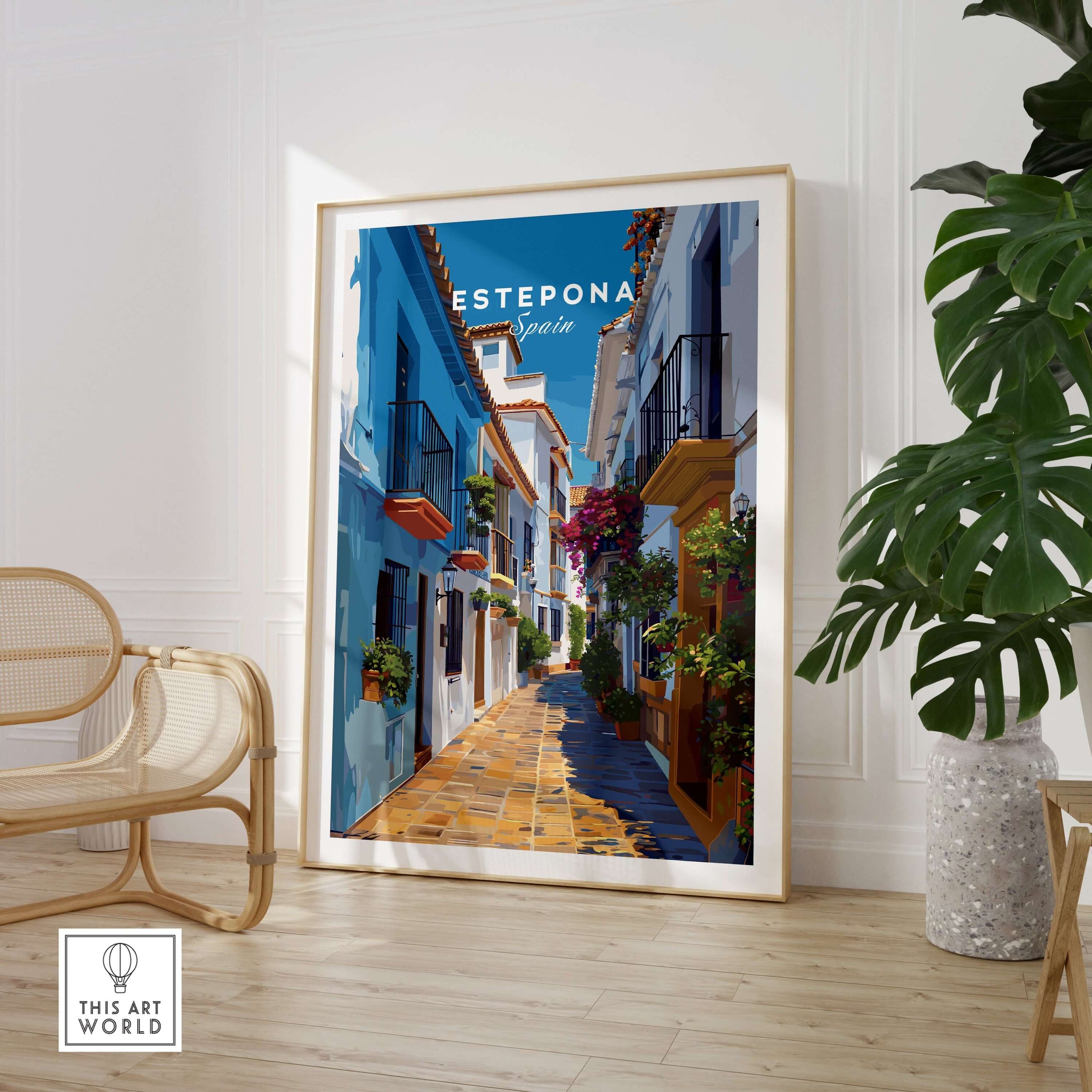Estepona Flower Alley Print | Mediterranean Travel Wall Art showcasing a vibrant alley in Estepona, Spain.