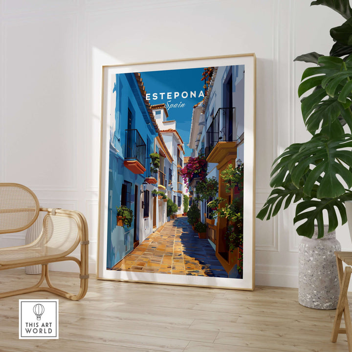 Estepona Flower Alley Print | Mediterranean Travel Wall Art showcasing a vibrant street with blooming flowers in Estepona.