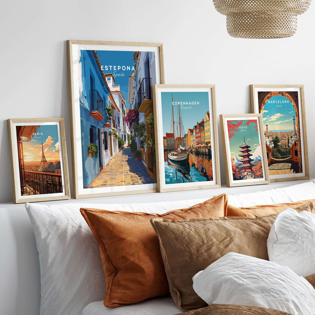 Estepona Flower Alley Print | Mediterranean Travel Wall Art displayed in a stylish home setting with other travel prints.