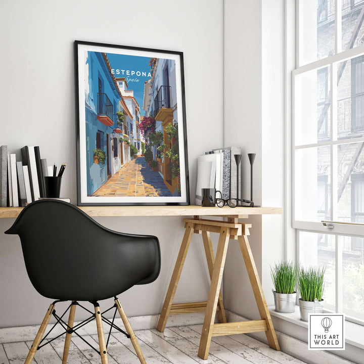 Estepona Flower Alley Print | Mediterranean Travel Wall Art displayed in a stylish home office setting.