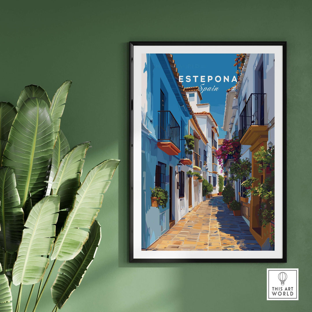Estepona Flower Alley Print | Mediterranean Travel Wall Art showcasing a vibrant street in Estepona, Spain.