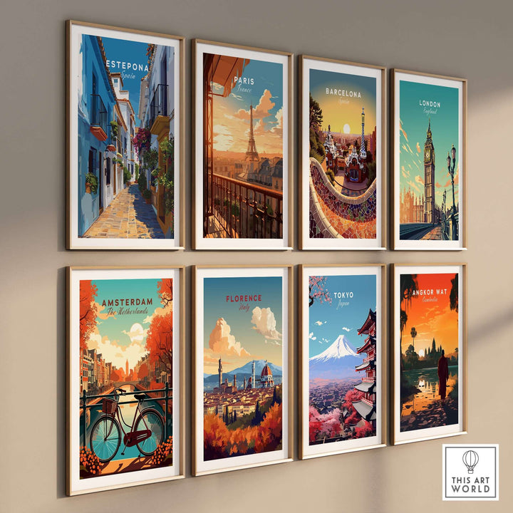 Estepona Flower Alley Print | Mediterranean Travel Wall Art displayed in a gallery wall with travel posters from various cities.