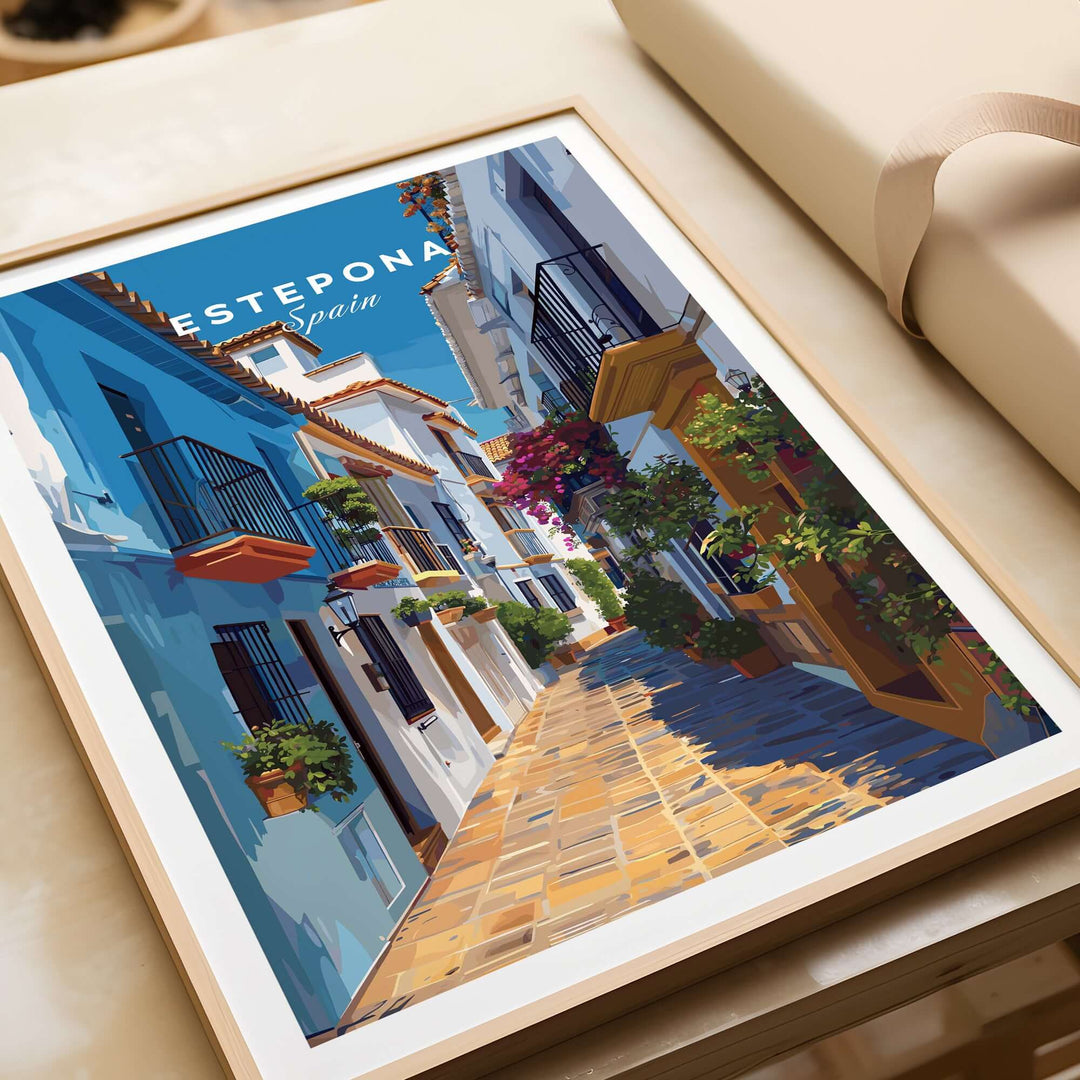 Estepona Flower Alley Print | Mediterranean Travel Wall Art depicting a vibrant alley with blooming flowers in Estepona, Spain.