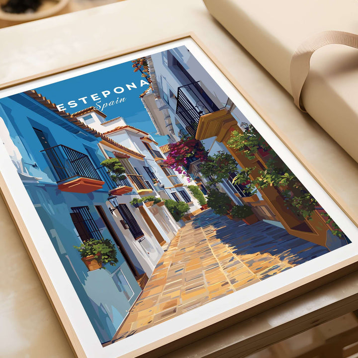 Estepona Flower Alley Print | Mediterranean Travel Wall Art depicting a vibrant alley with blooming flowers in Estepona, Spain.