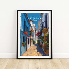 Estepona Flower Alley Print | Mediterranean Travel Wall Art showcasing a vibrant, blooming alley in Estepona, Spain.