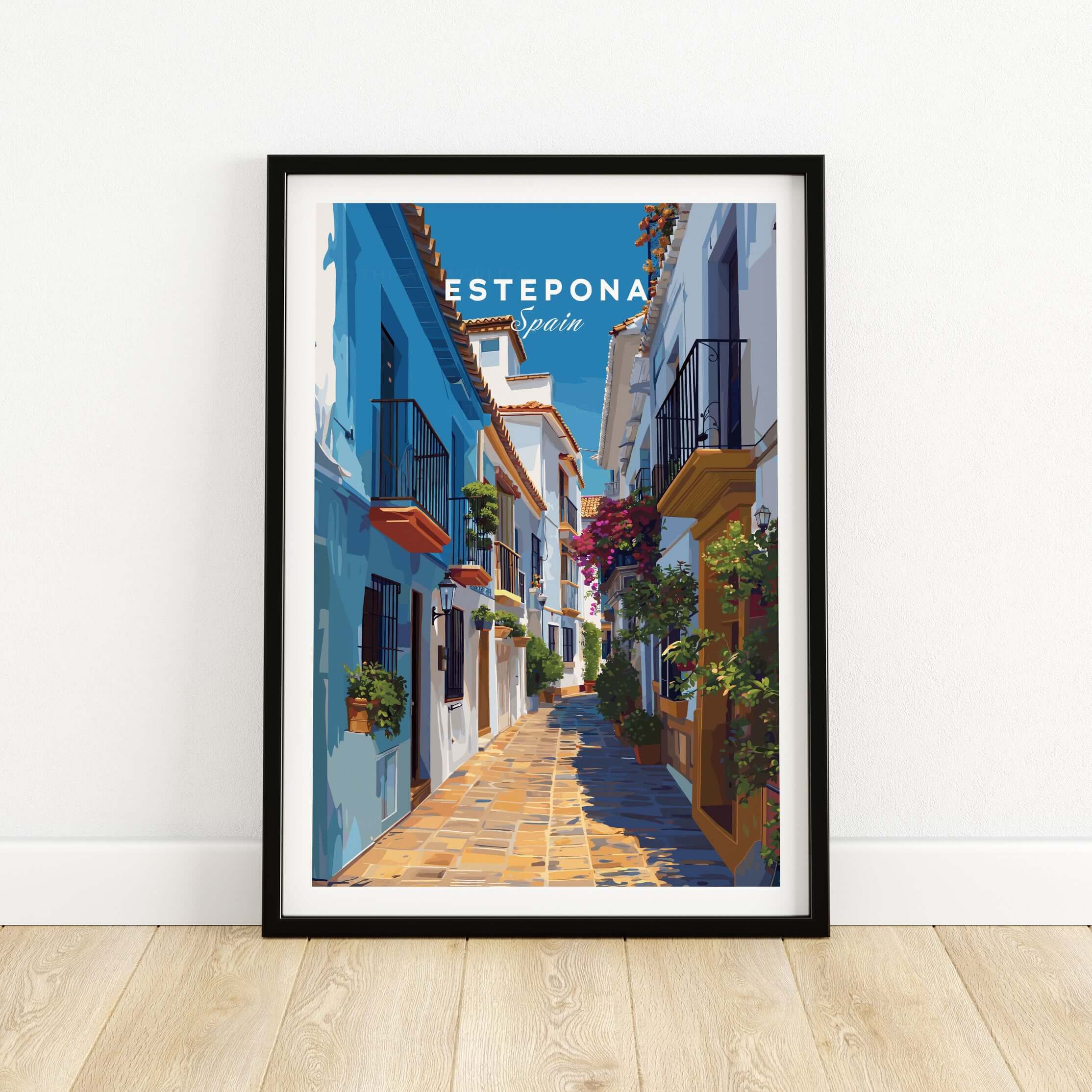 Estepona Flower Alley Print | Mediterranean Travel Wall Art showcasing a vibrant, blooming alley in Estepona, Spain.