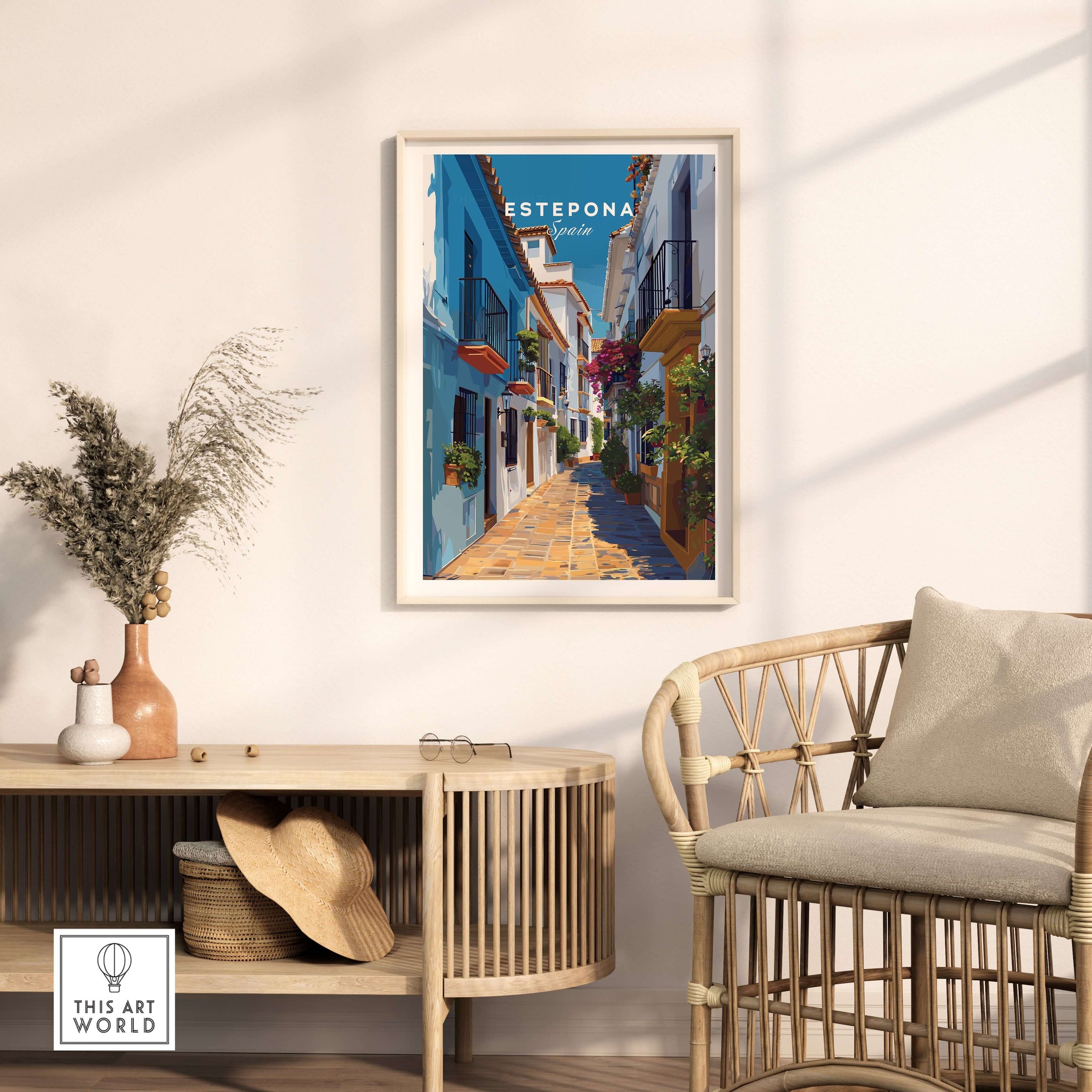 Estepona Flower Alley Print | Mediterranean Travel Wall Art framed in a stylish room setting with a cozy chair.