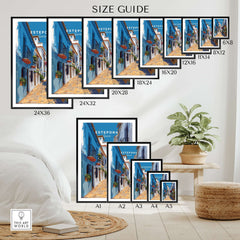 Estepona Flower Alley Print | Mediterranean Travel Wall Art size guide showing various frame dimensions