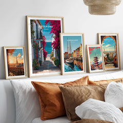 Estepona Old Town Sea View Print | Mediterranean White Village Decor showcased in a stylish living room setting.