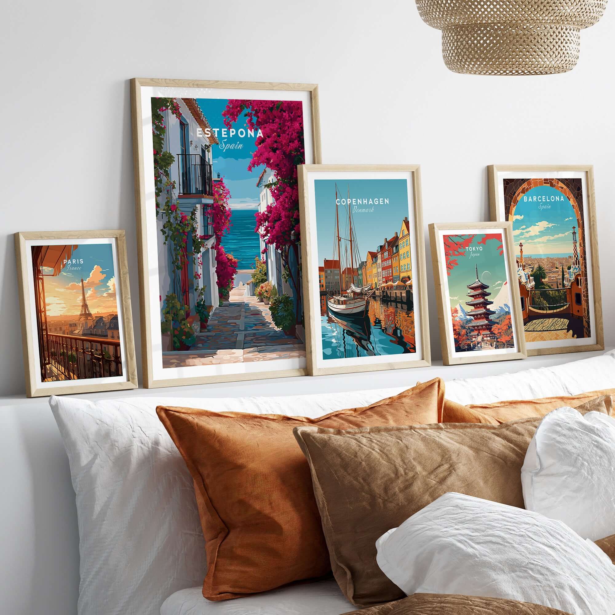 Estepona Old Town Sea View Print | Mediterranean White Village Decor showcased in a stylish living room setting.