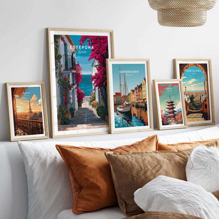 Estepona Old Town Sea View Print | Mediterranean White Village Decor displayed in a stylish home setting, enhancing decor.