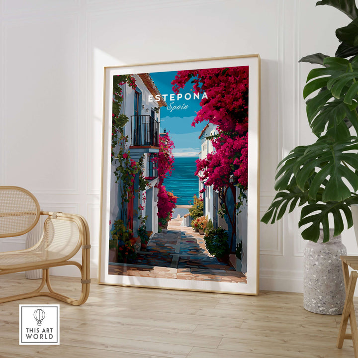 Estepona Old Town Sea View Print | Mediterranean White Village Decor displayed in a stylish interior setting.