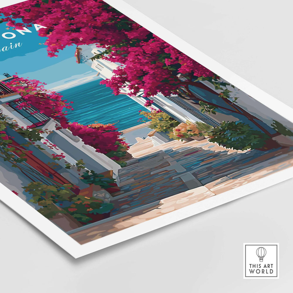 Estepona Old Town Sea View Print | Mediterranean White Village Decor featuring vibrant flowers and coastal scenery.