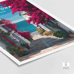 Estepona Old Town Sea View Print | Mediterranean White Village Decor showcasing colorful bougainvillea and a serene pathway.