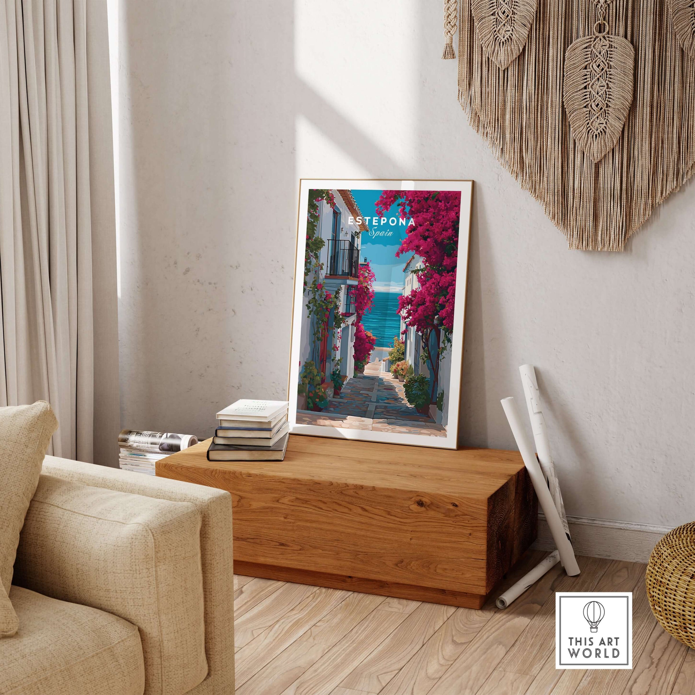 Estepona Old Town Sea View Print | Mediterranean White Village Decor in a stylish living room setting