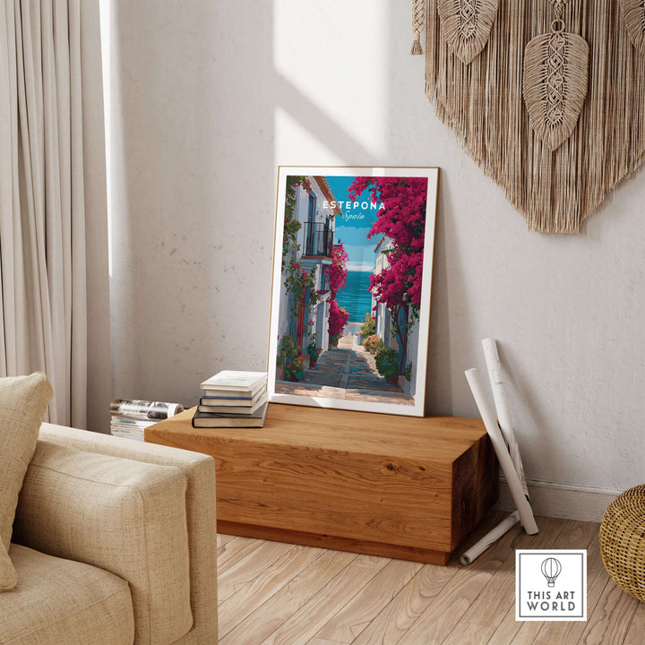 Estepona Old Town Sea View Print | Mediterranean White Village Decor framed in a cozy living room with floral accents.