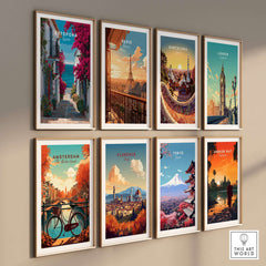 Estepona Old Town Sea View Print | Mediterranean White Village Decor displayed among other city prints on a gallery wall.