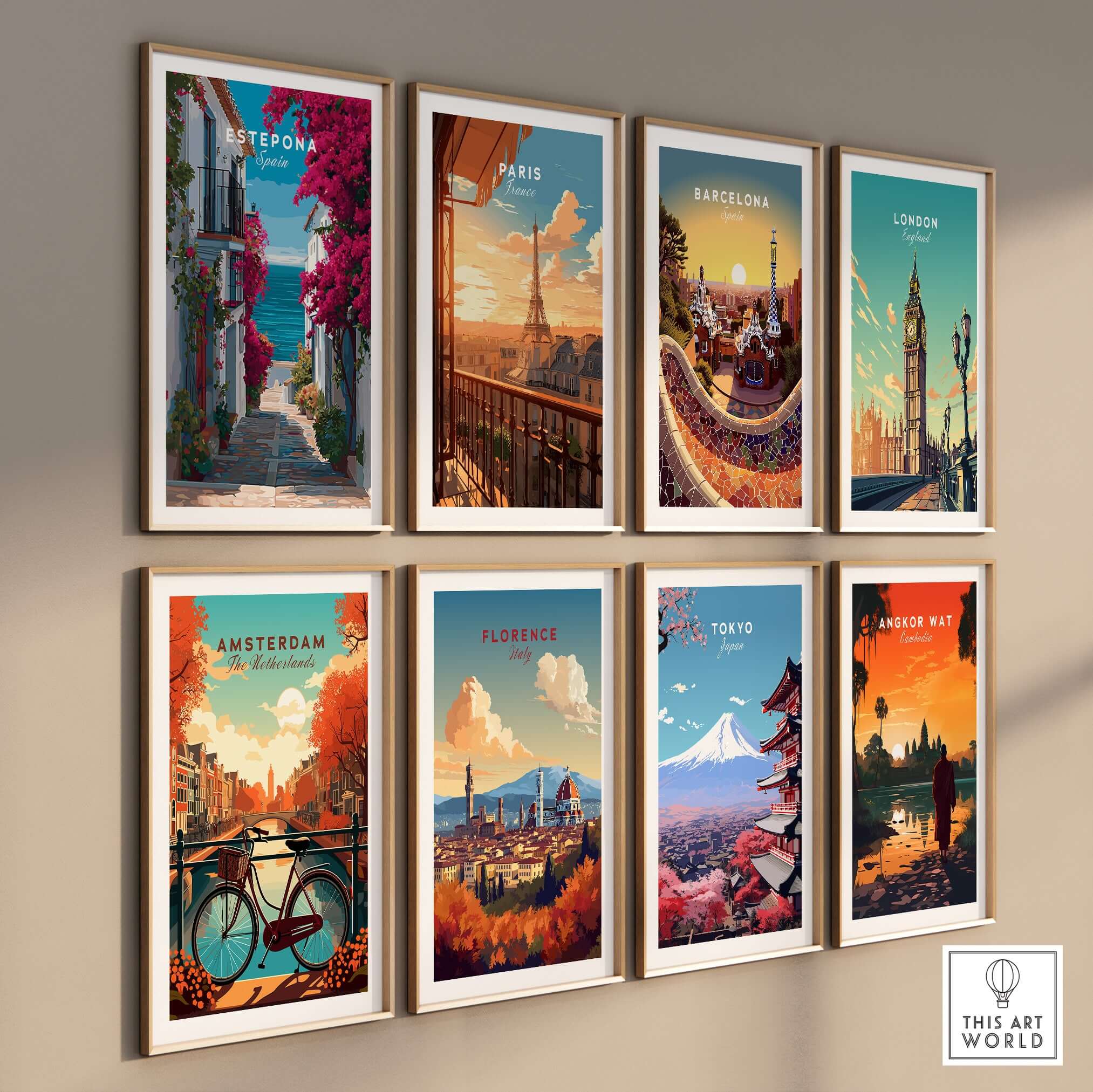 Estepona Old Town Sea View Print | Mediterranean White Village Decor displayed among other city prints on a gallery wall.