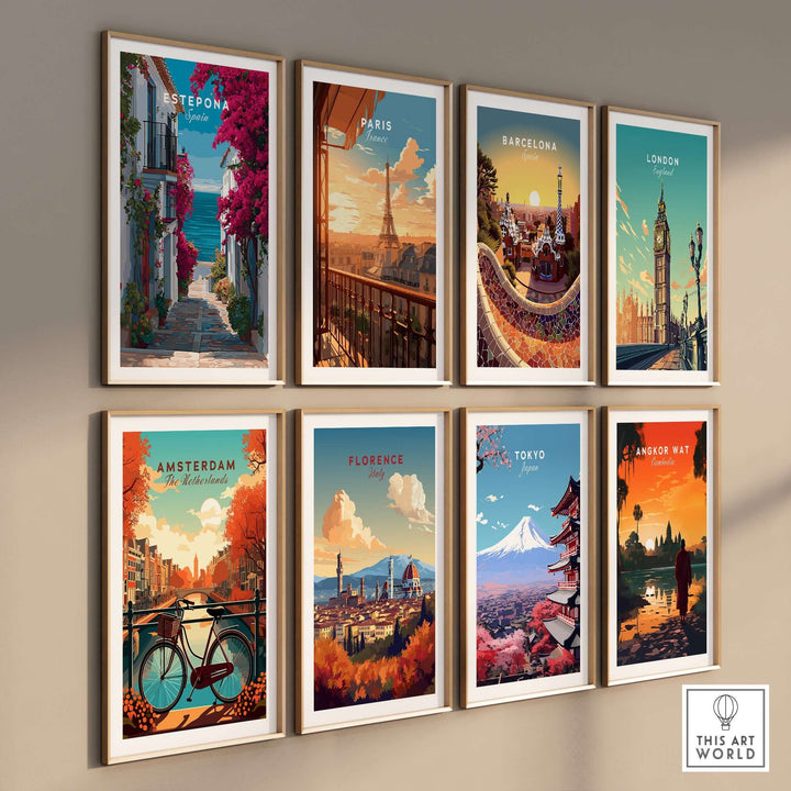 Estepona Old Town Sea View Print | Mediterranean White Village Decor displayed in a gallery wall of vibrant travel prints.