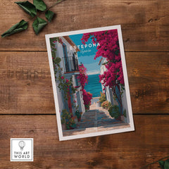 Estepona Old Town Sea View Print | Mediterranean White Village Decor showcasing vibrant blossoms and ocean view.