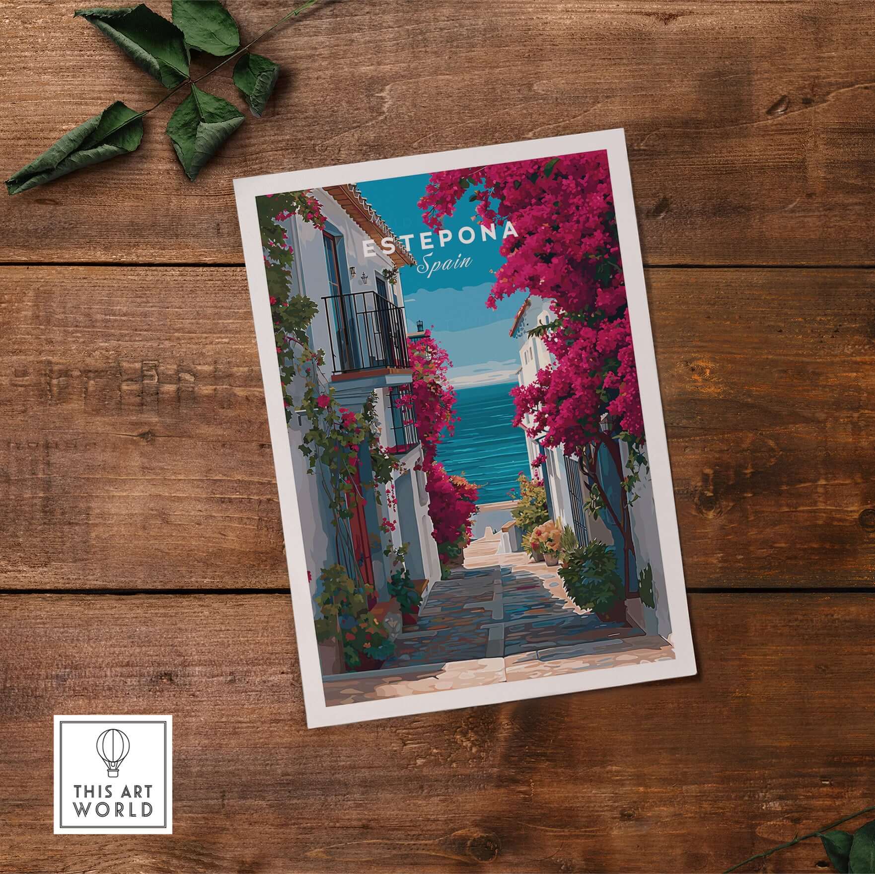 Estepona Old Town Sea View Print | Mediterranean White Village Decor showcasing vibrant blossoms and ocean view.