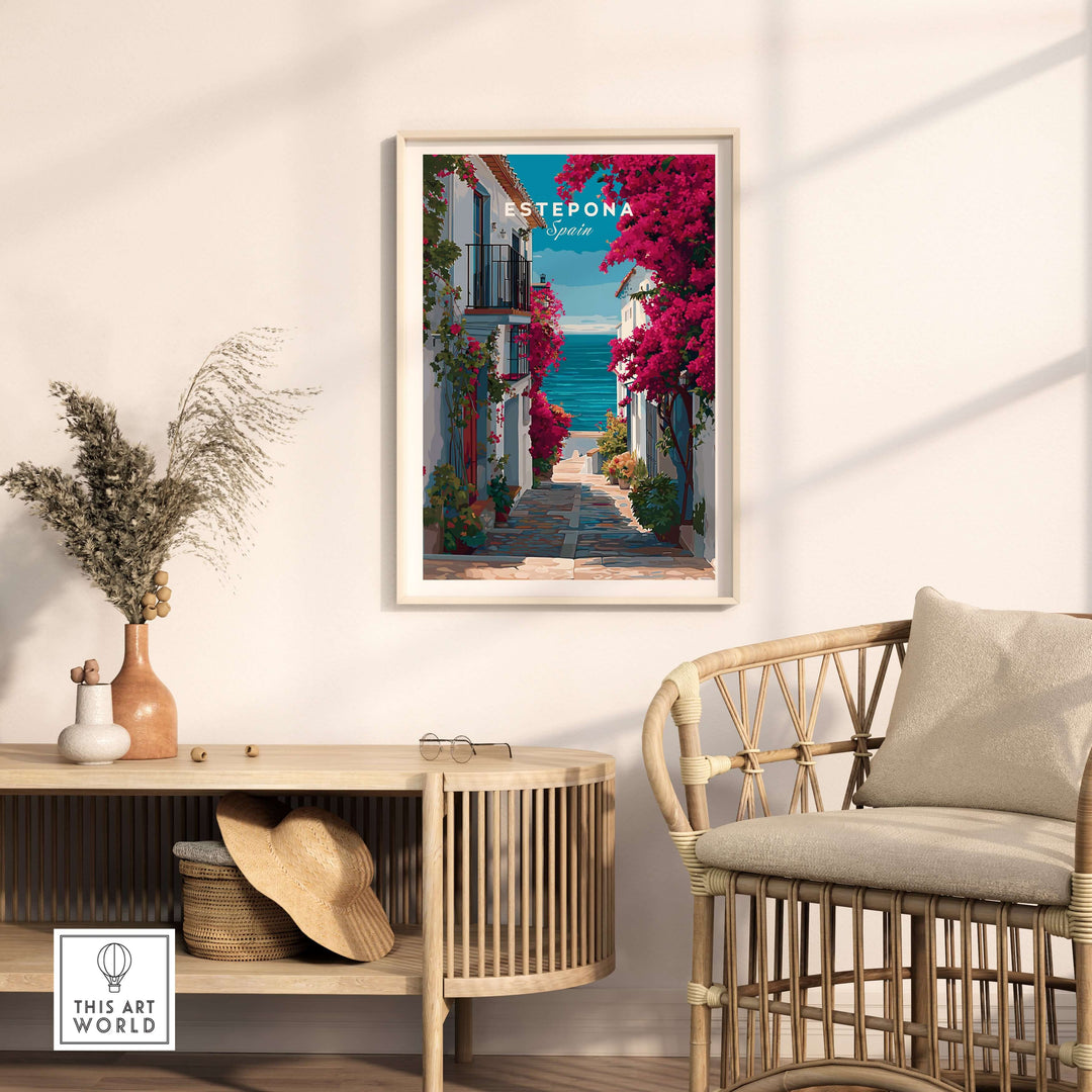Estepona Old Town Sea View Print | Mediterranean White Village Decor framed in a cozy room with flowers and a serene view.