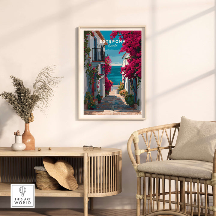 Estepona Old Town Sea View Print | Mediterranean White Village Decor framed in a cozy room with flowers and a serene view.