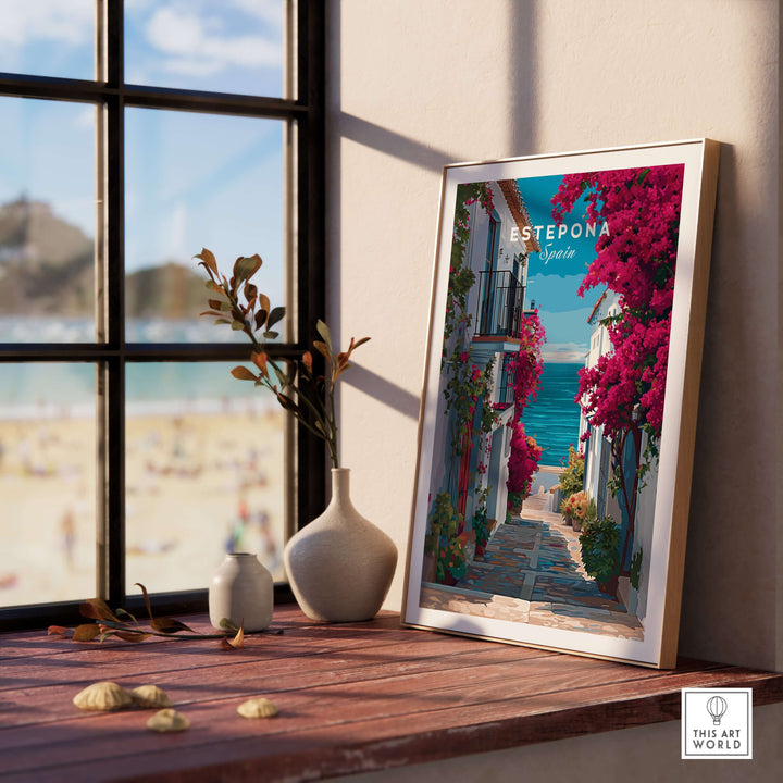Estepona Old Town Sea View Print | Mediterranean White Village Decor showcased in a sunlit interior setting.