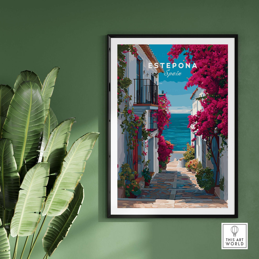 Estepona Old Town Sea View Print | Mediterranean White Village Decor featuring vibrant bougainvillea and stunning sea views.