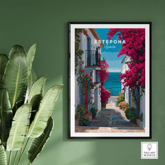 Estepona Old Town Sea View Print | Mediterranean White Village Decor showcasing vibrant flowers and coastal scenery.