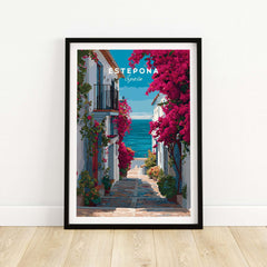 Estepona Old Town Sea View Print | Mediterranean White Village Decor showcasing vibrant bougainvillea and coastal views.