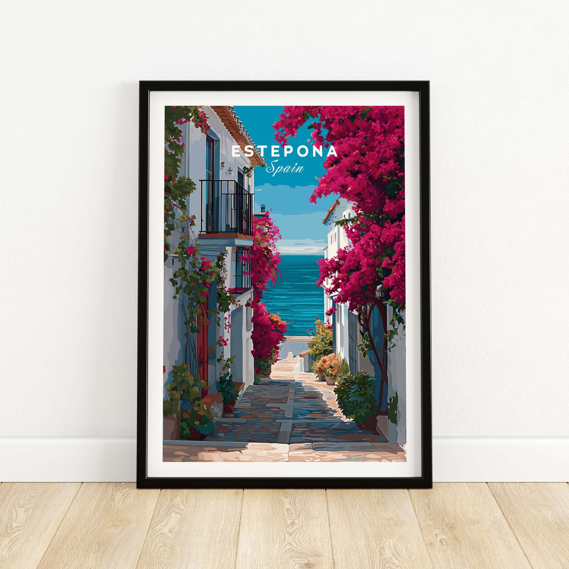 Estepona Old Town Sea View Print | Mediterranean White Village Decor showcasing vibrant bougainvillea and coastal views.