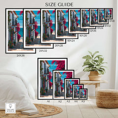Estepona Old Town Sea View Print | Mediterranean White Village Decor size guide with various frame sizes displayed.