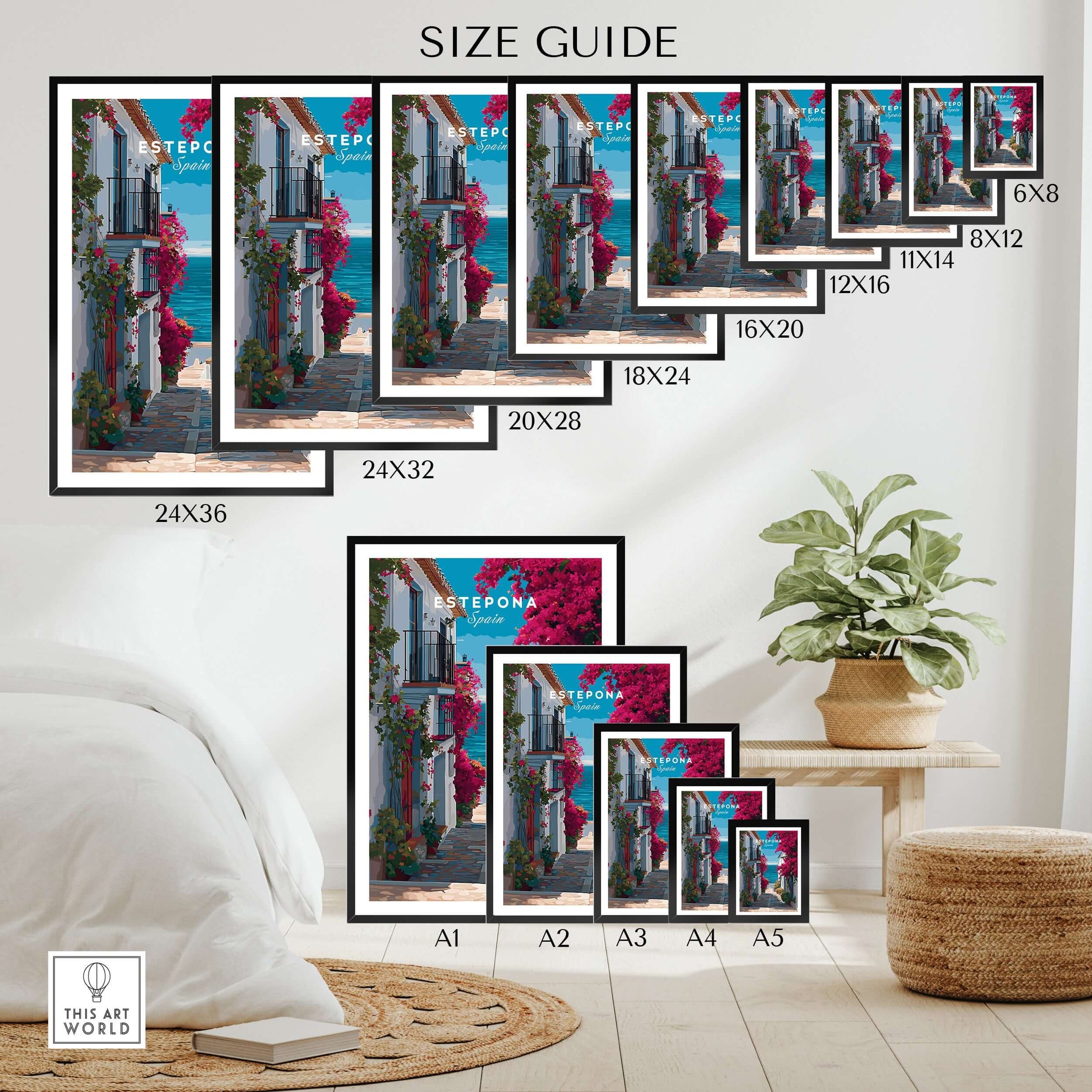 Estepona Old Town Sea View Print | Mediterranean White Village Decor size guide with various frame sizes displayed.