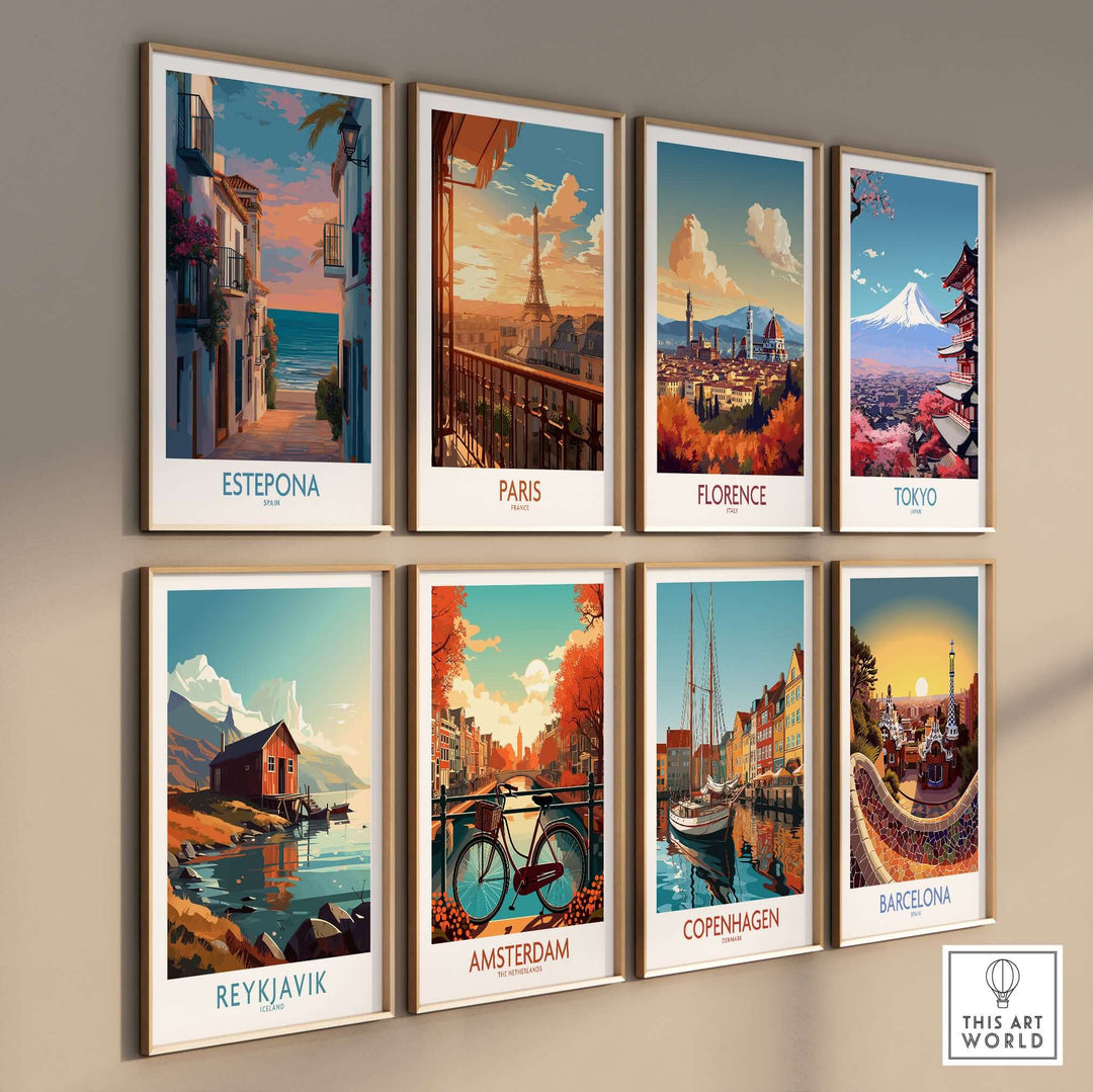 Estepona Spain Sunset Alley Art Print | Romantic Coastal Wall Poster collection of travel art prints on display