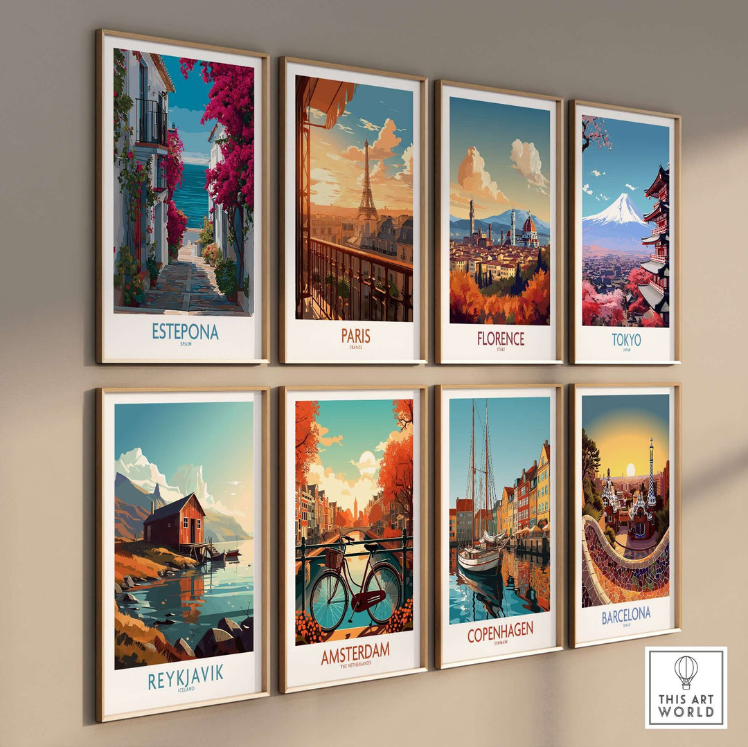 Estepona Spain Art Print | Bougainvillea Coastal Poster among other iconic city art prints on a wall.