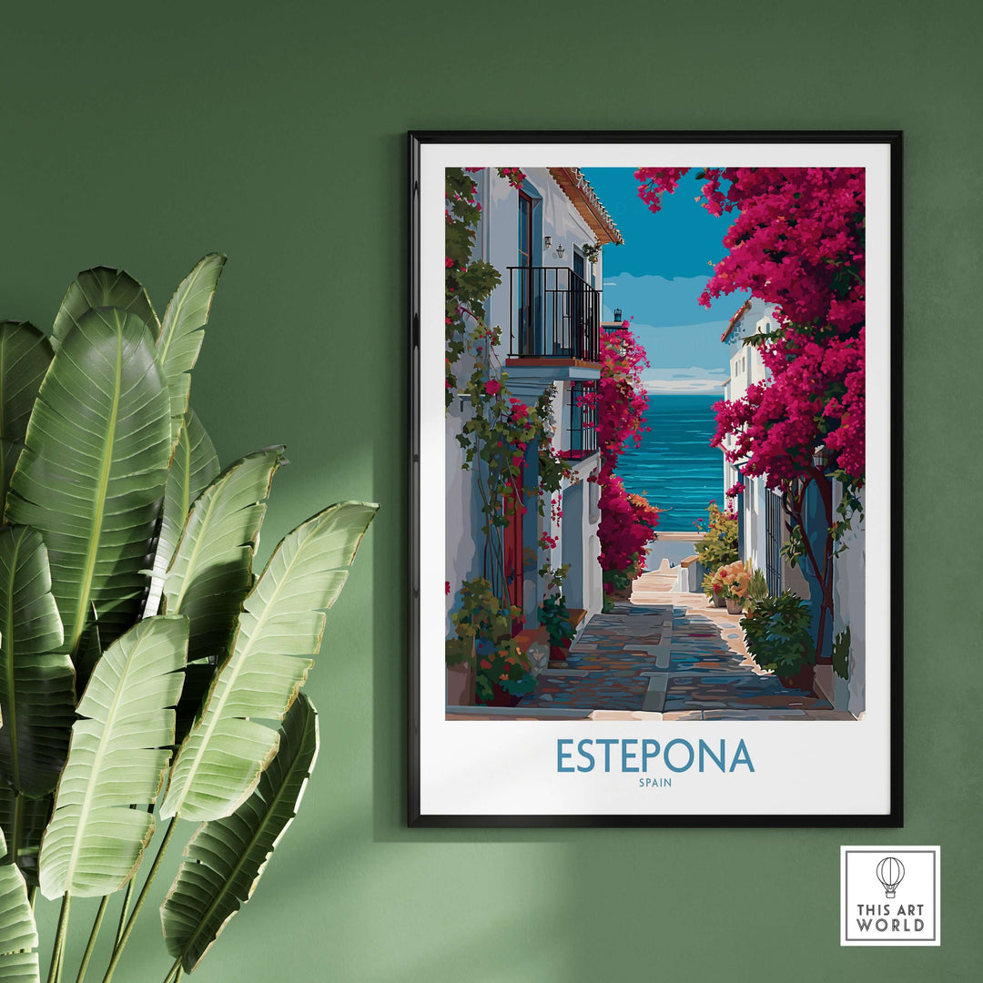 Estepona Spain Art Print | Bougainvillea Coastal Poster featuring vibrant flowers and coastal view.