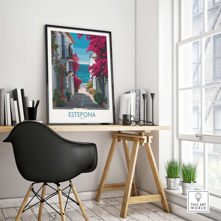 Estepona Spain Art Print | Bougainvillea Coastal Poster displayed in stylish interior setting with desk and chair.