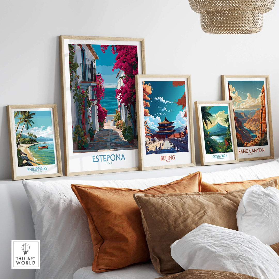 Estepona Spain Art Print | Bougainvillea Coastal Poster displayed among travel art prints on a cozy wall.