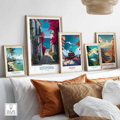 Estepona Spain Art Print | Bougainvillea Coastal Poster displayed among other art prints on a vibrant wall.