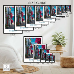 Estepona Spain Art Print | Bougainvillea Coastal Poster size guide showcasing various frame sizes.