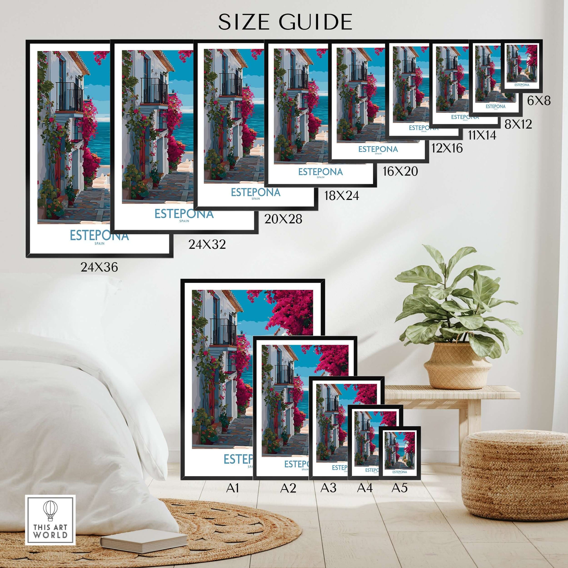 Estepona Spain Art Print | Bougainvillea Coastal Poster size guide showcasing various frame sizes.