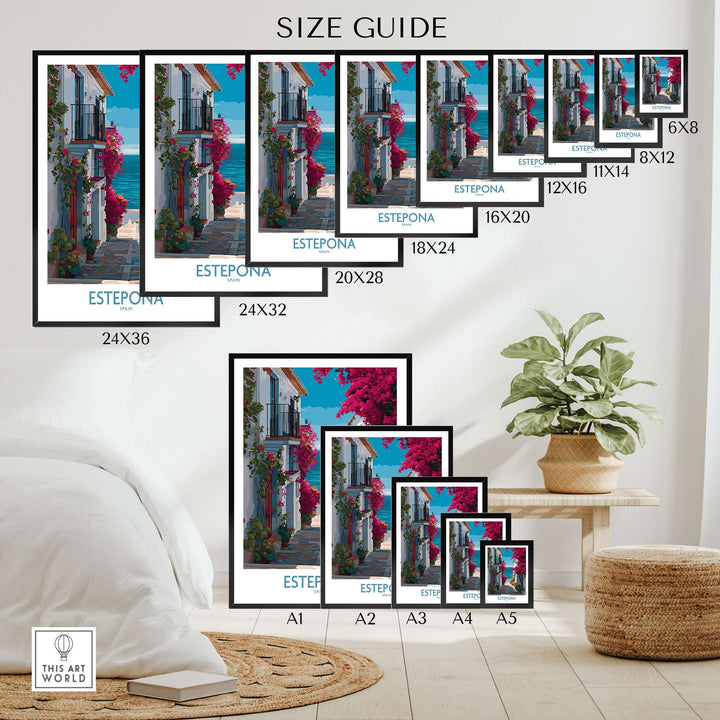 Size guide for Estepona Spain Art Print | Bougainvillea Coastal Poster showcasing various frame sizes.